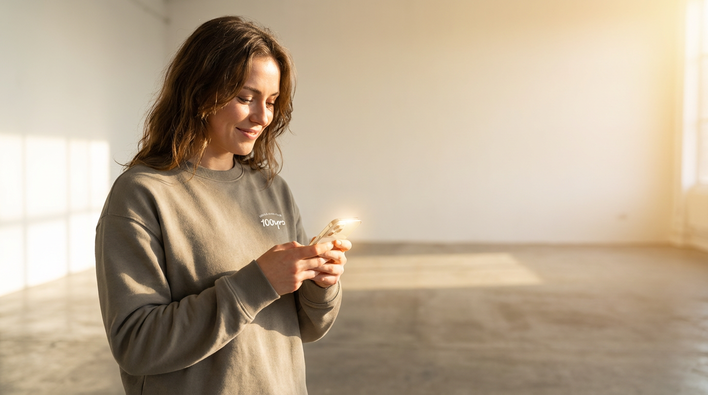Happy woman holding a mobile phone in a sunlit room